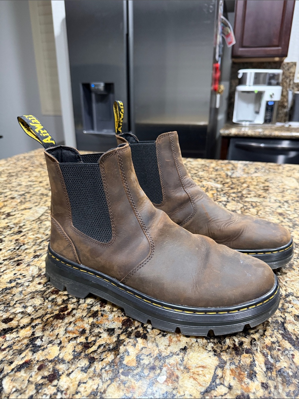 Dr. Martens Brown Leather Chukka Chelsea Boots with Yellow Welt Stitching